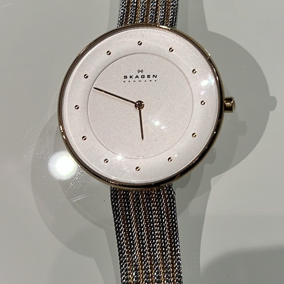 - Skagen Denmark Two Toned Silvertone and Goldtone Large White Faced Watch - Picture 5 of 5